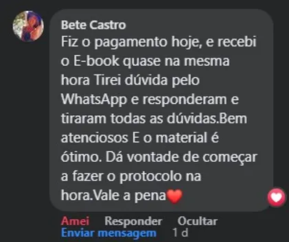 O Protocolo de Desparasitação Natural Funciona? Sim, o Protocolo de Desparasitação Natural funciona. O livro é um guia completo de desparasitação natural, apresentando um protocolo que visa limpar o corpo de metais tóxicos, parasitas, fungos, bactérias ruins, além de realizar a limpeza de órgãos, sangue e células. O produto oferece um protocolo completo e diversos bônus, incluindo acesso a um grupo fechado no Facebook, protocolos adicionais para pele e saúde bucal, técnicas para eliminar biofilmes com automassagens, desparasitação natural para crianças, desparasitação natural para lactantes e sugestões de cardápios. O Protocolo de Desparasitação Natural Vale a Pena? Sim, o Protocolo de Desparasitação Natural vale a pena. Mais de 10.000 pessoas ao redor do mundo já experimentaram a transformação com esse protocolo. Você pode confiar nesse método comprovado e 100% natural! O melhor de tudo é que qualquer pessoa pode aplicar esse método, desde crianças (a partir de 1 ano) até lactantes (com bebês a partir de 1 ano). Não importa onde você esteja, o protocolo irá ajudá-lo a alcançar os benefícios da desparasitação completa. Para quem o Protocolo de Desparasitação Natural é Bom? Pessoas Interessadas em Saúde Natural: Se destina a pessoas que buscam abordagens naturais para melhorar a saúde, evitando o uso de medicamentos convencionais. Pessoas com Preocupações de Saúde Específicas: Indivíduos que enfrentam problemas relacionados a parasitas, metais tóxicos, fungos ou bactérias ruins podem encontrar benefícios no curso. Aqueles em Busca de Desintoxicação: Pessoas interessadas em desintoxicação do corpo podem encontrar no curso um guia abrangente para limpeza natural. Mães e Cuidadores: A inclusão de bônus específicos para crianças a partir de 1 ano e lactantes sugere que o curso é adequado para mães e cuidadores preocupados com a saúde de suas famílias. Indivíduos de Diferentes Idades e Países: A afirmação de que o método pode ser aplicado por qualquer pessoa, independentemente da idade, e que foi vendido em mais de 30 países, sugere uma abordagem universal. Aqueles que Preferem Abordagens Naturais e Acessíveis: O curso parece ser direcionado a pessoas que preferem abordagens naturais e acessíveis em comparação com medicamentos convencionais.